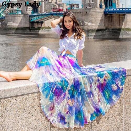GypsyLady Violet Floral Skirts Womens Elastic Waist Holiday Maxi Skirt Big Hem Plus Size Chic Skirt Female Chic Faldas