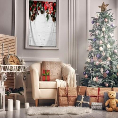 Tapestry Ornaments Baubles Pine Tree Branches Cones Gifts Bells on Wooden Table Photo Red Beige Green