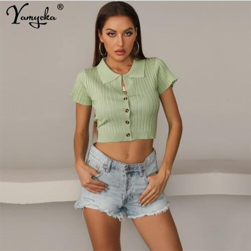 Sexy vintage Solid green knitting crop top t shirt women summer casual clothes cute sweater blouses clubwear cropped womens tops