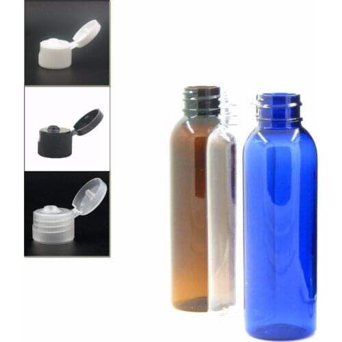 60ml empty cosmo round plastic bottle, clear/blue/amber pet bottle with black/white/transparent Flip Top cap x5