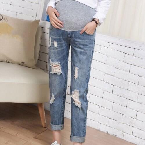2021 New Summer Autumn Fashion Maternity Hole Jeans High Waist Belly Skinny Pencil Pants Clothes for Pregnant Women Pregnancy