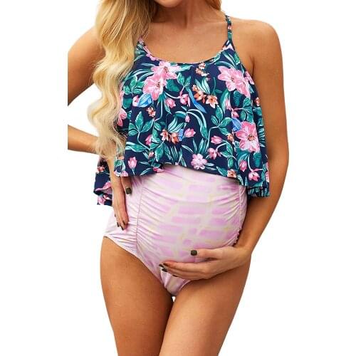 Floral Split Two-Piece Pregnant Women Swimsuit Swimwear Plus Size Halter Ruffled Swimsuit Set maillot de bain femme enceinte