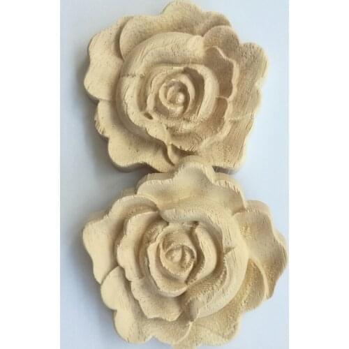 Retro Vintage Flower Carving Natural Wood Appliques for Furniture Cabinet Unpainted Wooden Mouldings Decal Decorative Figurine