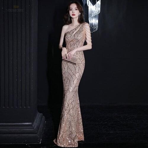 Luxury Prom Dresses Sequined One Shoulder Sequin Mermaid Floor Length Party Gowns Long Gown for Women Party