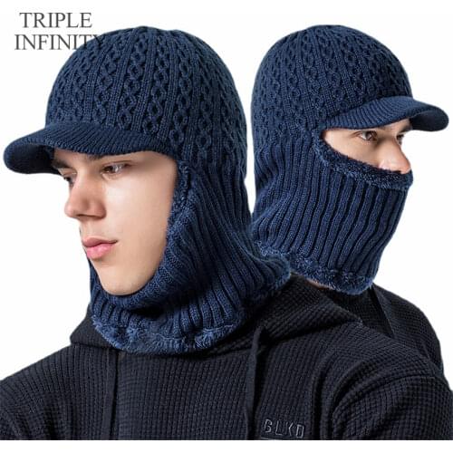 TRIPLE INFINITY Fashion Winter Thick Warm Knit Men Hat High Quality Solid Color Ear Protection Cycling Hat Soft Male Cap Bonnet