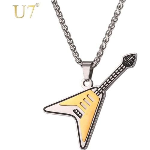 U7 Guitar Necklaces Pendants Two-tone Gold Color Stainless Steel Gift For Men/Women Hiphop Rock Musical Charm Jewelry P1082