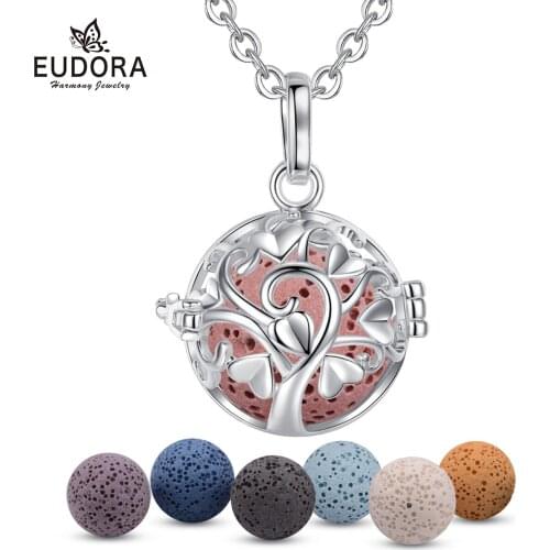 EUDORA 18mm Aromatherapy Perfume Essential Oils Diffuser Necklace Tree of Life Locket Cage Pendant with Colorful Lava Stone H217