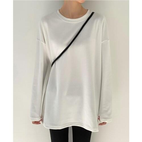 Korean Fashion Loose Cotton T-shirt Women Black White Long Sleeve O-neck Solid Streetware Tops For Woman Autumn New Female Tees