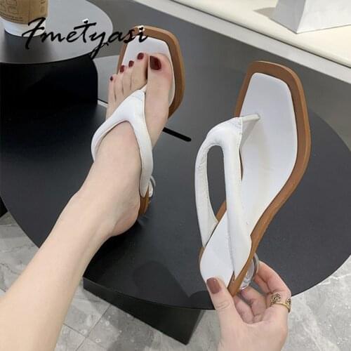 Woman Heel Sandals Summer New Square Open Toe Flip Flops Strange Style PU Shoes Woman Medium Heel Outside Rubber Shallow