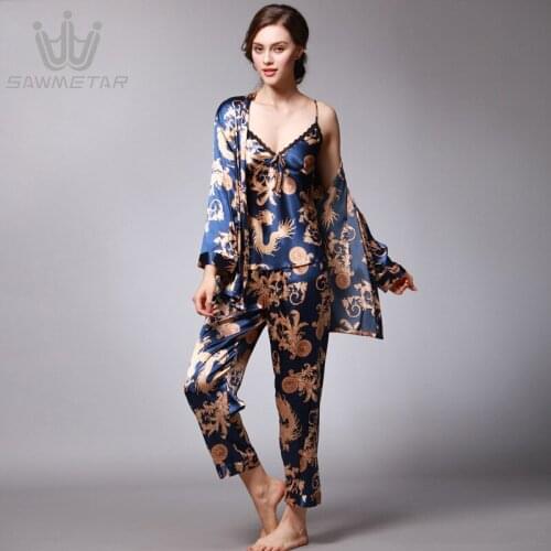 Women Pajamas Sets Spring Summer Pijama Print 3 Pieces Pyjamas Sexy Silk Satin Sleepwear New Style Sleeveless Fashion Pyjamas