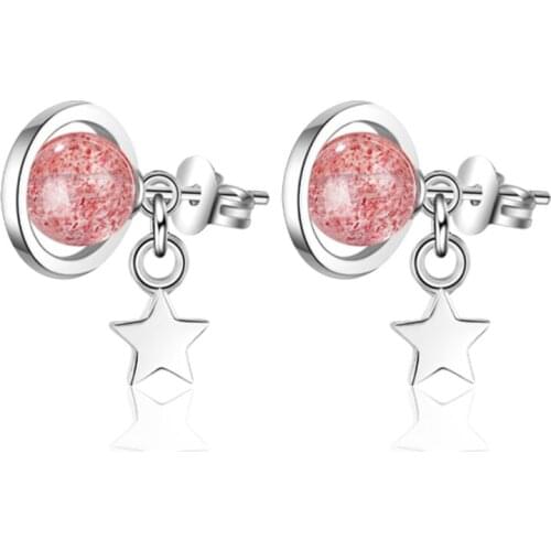 Female student style creative personality simple and delicate pink strawberry crystal silver plated stud earrings WE119