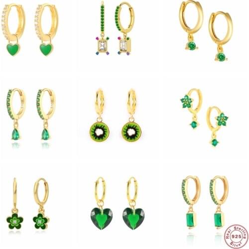 CANNER Green Zircon Earrings S925 Sterling Silver Hoop Earring For Woman Love Heart Flower Pendientes Plata 925 Fine Jewerly