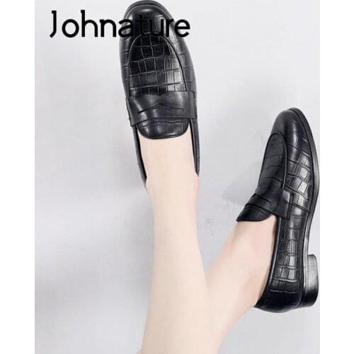 Johnature Flats Women Shoes Genuine Leather Spring/Autumn 2021 New Handmade Retro Handmade Round Toe Shallow Ladies Shoes