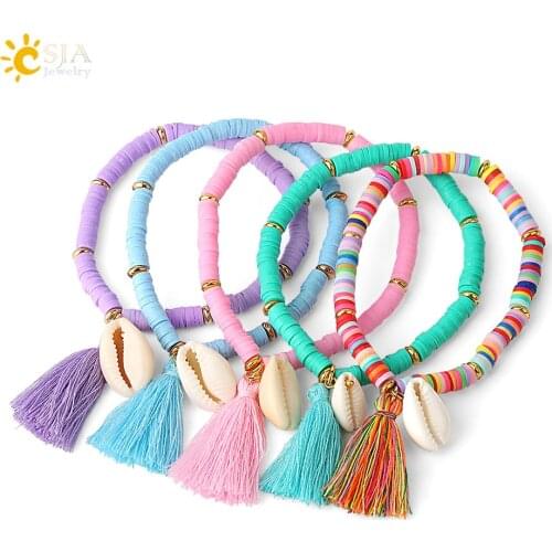 CSJA Shell Charms Polymer Clay Bracelets Rainbow for Women Summer Bracelet Fringed Tassel Pendant Beads Femme Friendship S604