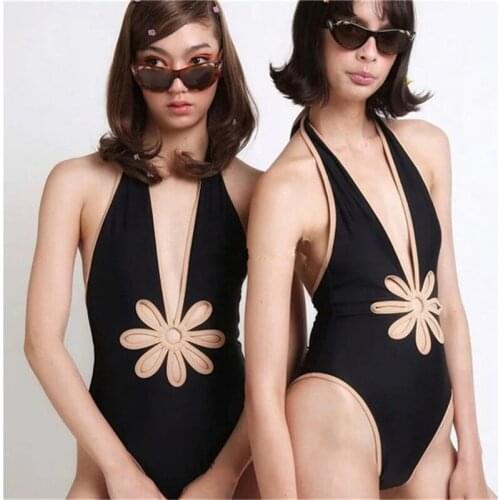 2021 New Sexy Hollow One Piece Swimsuit Halter Swimwear Women Solid Bandage Bodysuit Deep-V Beachwear Bathing Suit Monkini