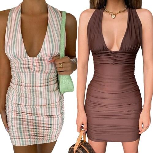 Women’s Summer Sexy Backless Halter Short Dress Fashion Solid Color/Stripe Pleated Skinny Slim Fit High Waist Dress