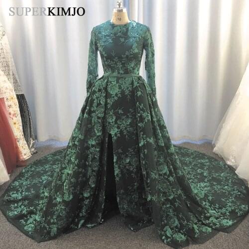 SuperKimJo Detachable Skirt Evening Dresses Long Sleeve 2020 Sequin Applique Dark Green Evening Gown Arabic Robe De Soiree