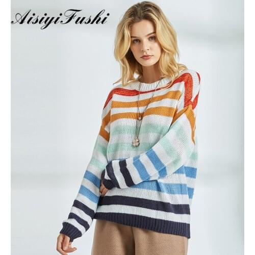 AISIYIFUSHI Oversized Rainbow Sweater Batwing Knitted Pullover Colorful Striped Sweater Winter Woman Sweater Knitting Pullovers