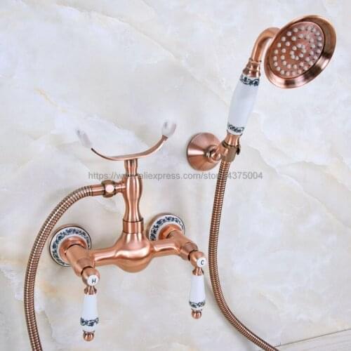 Antique Red Copper Wall Mounted Bathroom Faucet Bath Tub Mixer Tap With Hand Shower Head Shower Faucet Sets Nna352