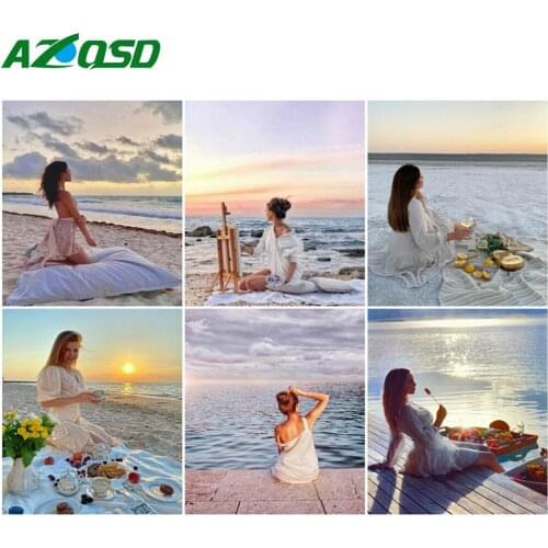 AZQSD Coloring By Number Frame Girl Portrait Handpainted Modern Wall Art Paint By Number Sunset Kits Home Decor