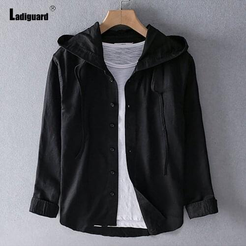 Plus Size 3xl 4xl Men Linen Blouse 2021 Single Breasted Hooded Tops Long Sleeve Autumn Casual Shirt blusas Sexy Mens clothing