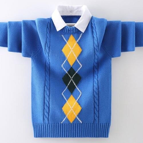 Kids Boys Autumn / Winter geometric embroidery knit sweater fake two new big virgin thick pullover shirt
