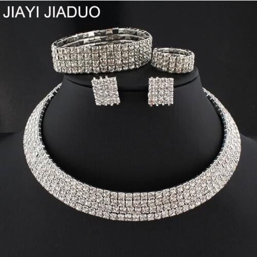 Elegant silver crystal collar bridal jewelry set womens rhinestone collar wedding necklace earrings bracelet set gift
