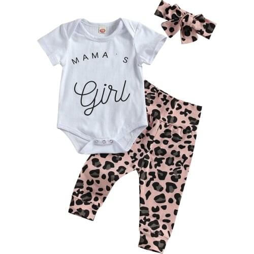 Three Piece Baby Girl Clothes Special Letter Long Sleeve Romper and Leopard Pants with Headband Casual Newborn Baby Clothing Set
