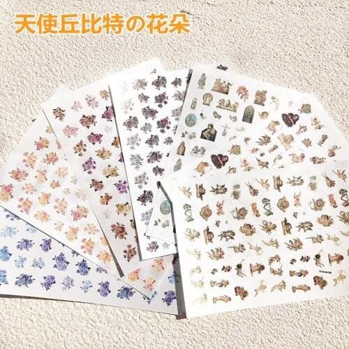 Fashion Hot Selling Back Glue Adhesive Nail Stickers Vintage Baby Angels Flowers Traceless Dry Nail Decals Nail Art Manicure