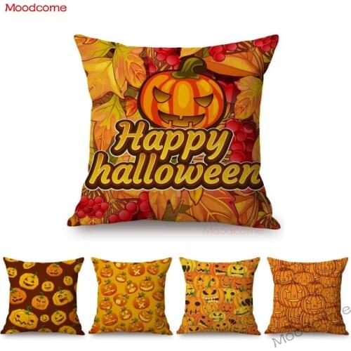 Cute Pumpkin Face Happy Halloween October Autumn Home Decoration Throw Pillow Case Cotton Linen Trick or Treat Art Cushion Cover