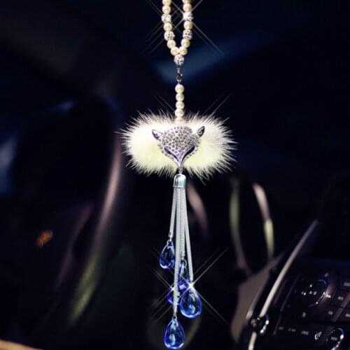 MR TEA Car Pendant Beautiful Rearview Mirror Plush Hanging Ornaments Fox Diamond Fur Charm Crystal Suspension Accessories
