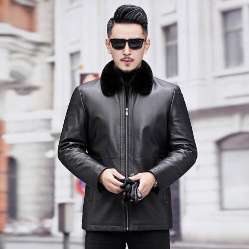 Mens Leather Jacket Winter Natural Mink Fur Coat Real Genuine Leather Jackets Fetal Cowhide Leather Coat A19-17859