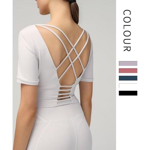 Fitness-Training New Style Nylon Anti-Sweat Short Sleeve T-Shirt Breast Cushion Workout Beautiful Back For Women Yoga Top T1