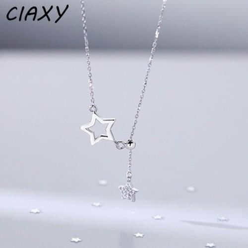 CIAXY 925 Sterling Silver Hollow Star Choker Female Sexy Five-pointed star CZ Tassel Necklace Clavicle Chain Simple Jewelry