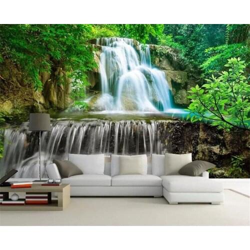 Custom Wall Mural Photo Wall Paper 3D Green Forest Waterfall Natural Landscape Painting Non-woven Straw Textured Wallpaper Mural