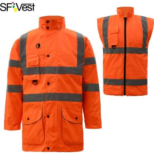 Hi Vis Workwear Waterproof Orange 7-in-1 Reflective Safety Jacket Winter Outdoor Coat