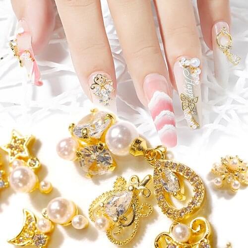 Luxury 2 pieces diamond pearl gold alloy Zircon nail art decorations crystal rhinestone tassel/star/heart nail jewelry high gem