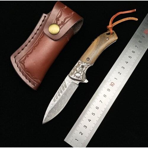 Damascus steel folding knife outdoor camping tactics EDC wooden handle folding knife Emergency tool