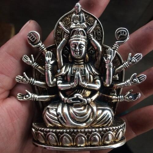 Tibet Buddhism miao Silver 1000 arm Kwan-Yin Guan Yin Bodhisattva fengshui buddha statue decoration metal handicraft