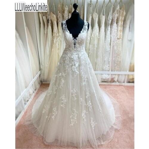 Ivory Tulle Lace V-Neck Sleeveless Floor-Length A-Line Wedding Dresses Chapel Train Bridal Gowns Custom Made