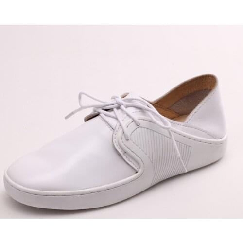 Whensinger - Women Flat Shoes loafers Genuine Leather Casual white Colorblock Tie Flats Shoe