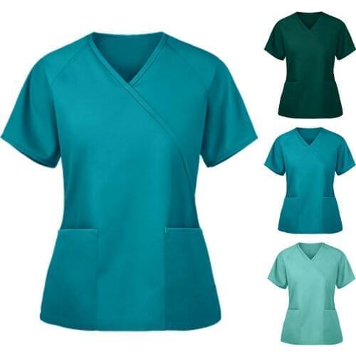 Women Short Sleeve V-neck Tops Working Uniform Solid Color With Pockets Blouse