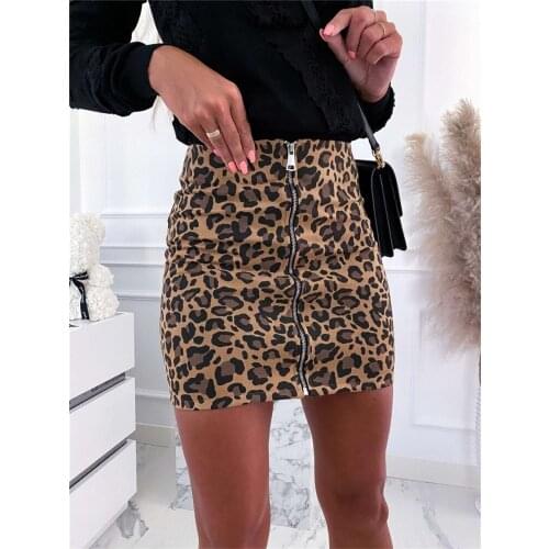 Women Leopard Zipper Bodycon Pencil Skirt Autumn Ladies Casual Fashion High Waist Mini Skirts Nightclub Streetwear