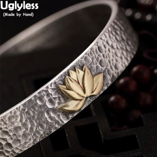 Uglyless Wild Lunar surface Women Lotus Flower Bangles Solid 99.9% Pure Silver Heart Sutra Bangles Adjustable Buddhism Bracelets