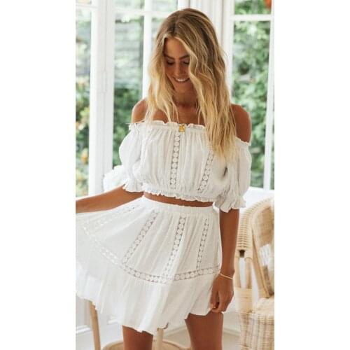 2021 Womens Sweet Set Ladies Casual Off-shoulder Tops Short Skirt Suit High Waist Bare Midriff Two-pieces Set For Beach Holiday