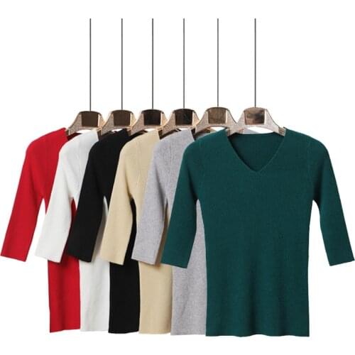 Queechalle 13 colors New 2020 Autumn Knitted Pullover V neck Half Sleeve Slim Sweater for Women M - XXL Plus Size Ladys Tops
