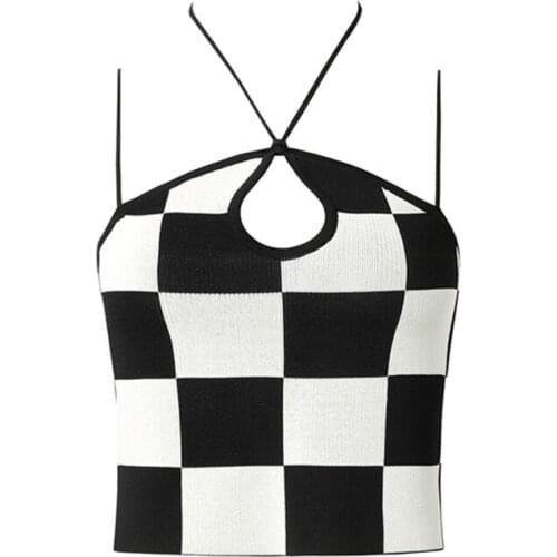 Vintage Knitting Tanks Tops Black White Checkerboard Plaid Design Halter Femme Camis Streetwear Vest Women Lingerie Crop Tops