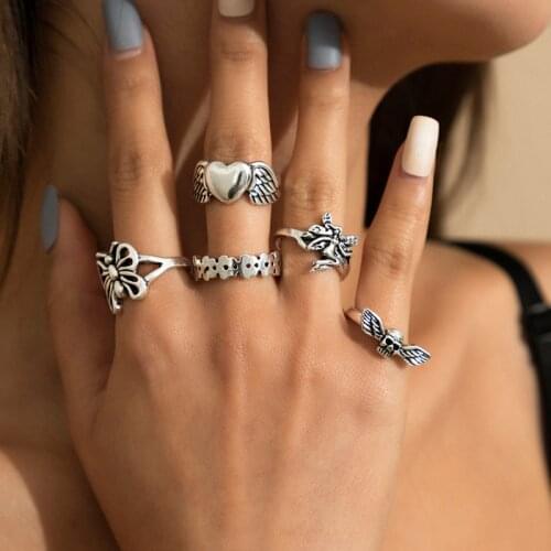 Punk Gothic Silver Color Butterfly Finger Ring Set for Women 6PCS Heart Wing Angel Wings Cupid Charms Rings Jewelry Anillos