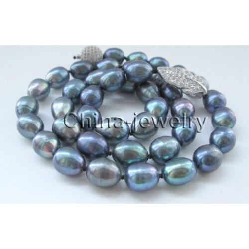 P7447-24" 11-12mm black baroque rice shape freshwater pearl necklace - 925silver