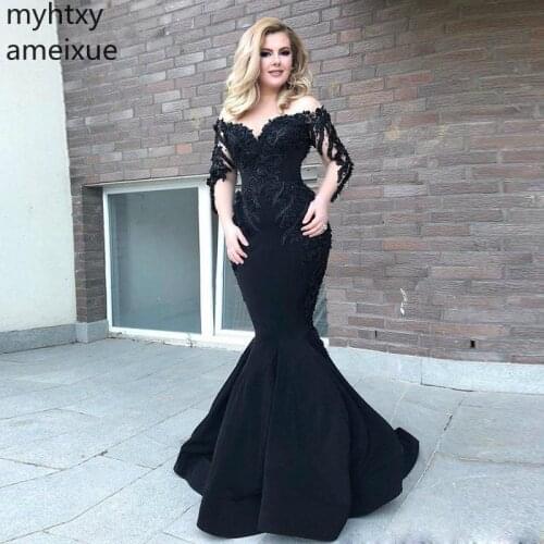 2020 New Arrival Black Mermaid Custom Evening Dresses Long Sleeve Gown Lace Beading V Neck Muslim Dress Plus Size Robe De Soiree